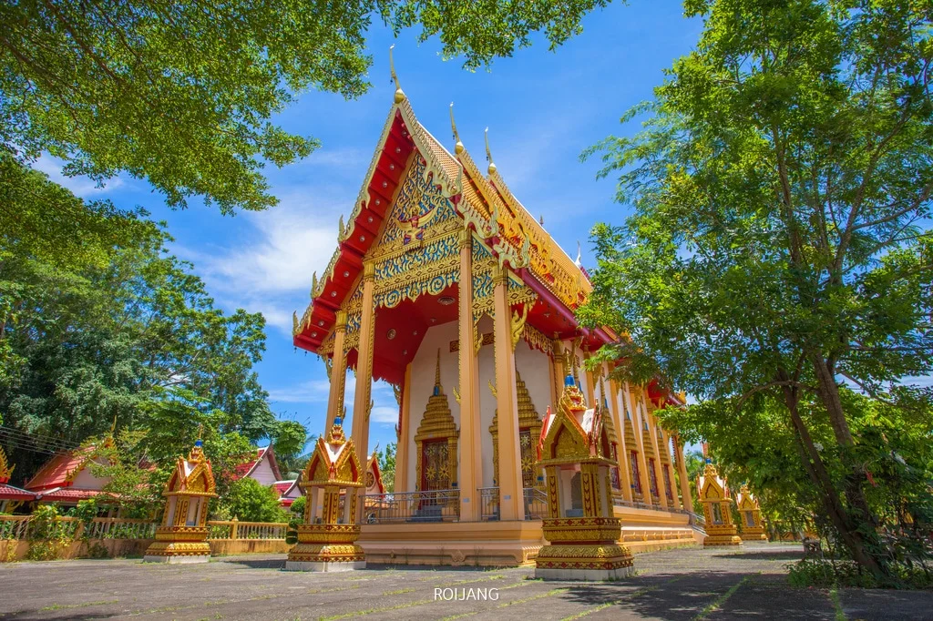 A vibrant Temples in Phuket with intricate golden details and red accents stands against a bright blue sky, surrounded by lush green trees. The temple features ornate pillars and a tiered roof with pointed gables. Lantern-like structures are evenly spaced along the pathway leading to the nearby hotels in Phuket.