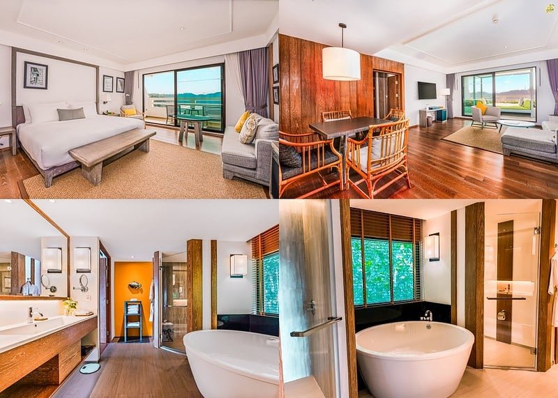 A collage of four images showcases a modern, luxurious hotel suite in Phuket. The top-left image depicts a spacious bedroom with a king-size bed, while the top-right shows a stylish living and dining area. The bottom-left and bottom-right images feature a sleek bathroom with a white bathtub and contemporary fixtures.