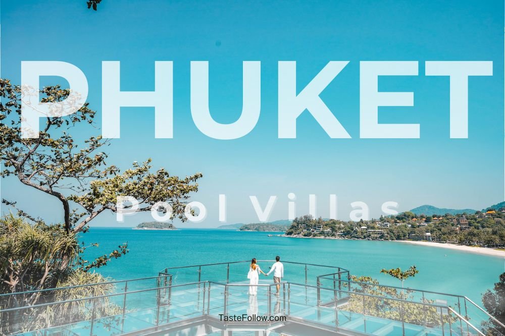 A couple stands on a walkway overlooking a picturesque coastal landscape with turquoise waters, lush green foliage, and a clear blue sky. The word "PHUKET" is prominently overlaid in large white letters, with "Private Pool Villas" written below it. The scene exudes tropical tranquility.