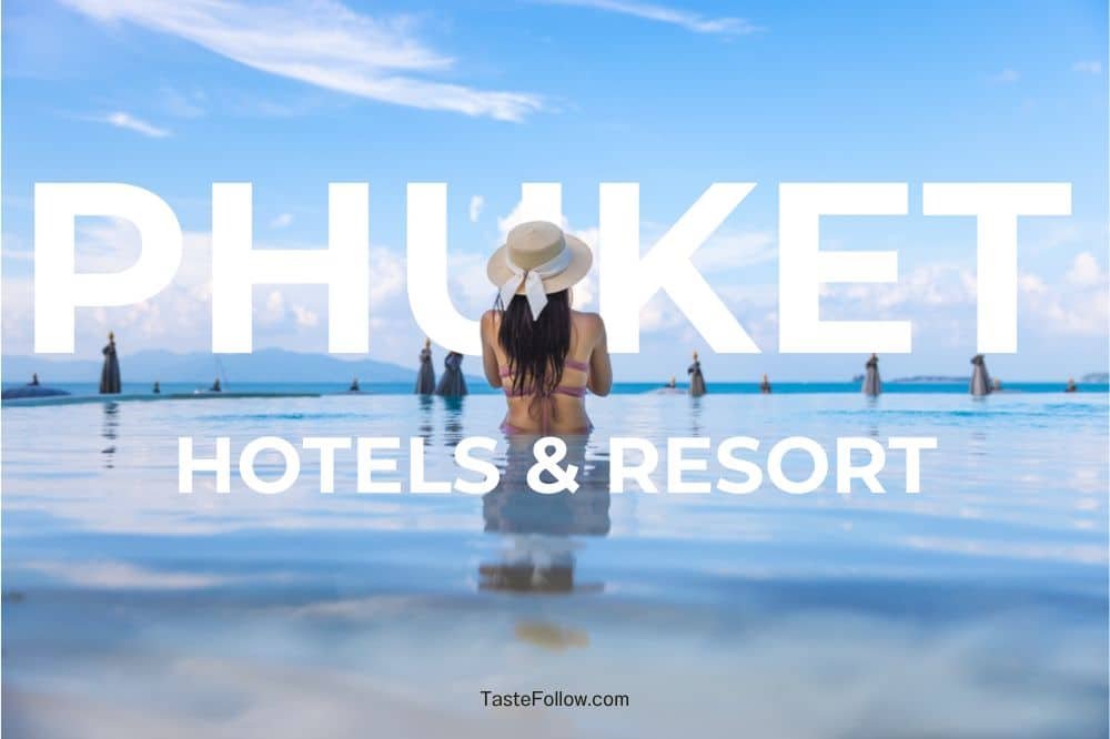 A woman in a sunhat and sunbathing attire is sitting by an infinity pool overlooking the beach and ocean. Large text overlay reads "PHUKET HOTELS & RESORT." The sky is clear with a few clouds, and umbrellas are visible in the background. The image captures the tranquil, tropical ambiance of hotels in Phuket.