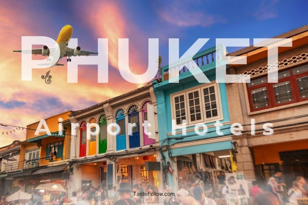 An airplane descends over a vibrant, busy street lined with colorful buildings during sunset. The buildings feature traditional architectural styles with bright facades. Below, people walk and shop, creating a lively atmosphere. Bold text over the image reads "Accommodations near Phuket Airport".