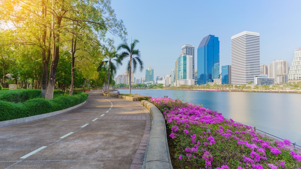 A wide, paved pathway curves alongside a calm river lined with a low stone wall, vibrant pink flowers, and manicured lawns. Tall palm trees and greenery frame the left side, while modern skyscrapers and office buildings dominate the background under a clear, blue sky—reminiscent of natural attractions in Bangkok.