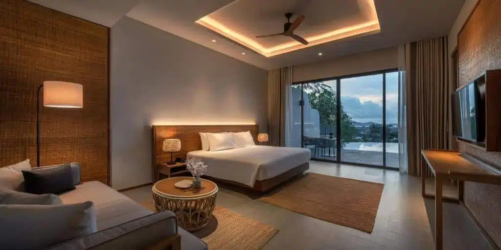 A modern, cozy bedroom featuring a large bed with white linens, accentuated by two bedside lamps. The room includes a sofa, round wooden table with a vase, and an illuminated ceiling fan. Large glass doors open to a scenic view of trees and a twilight sky, with hints of Chalong Temple architecture in the decor.