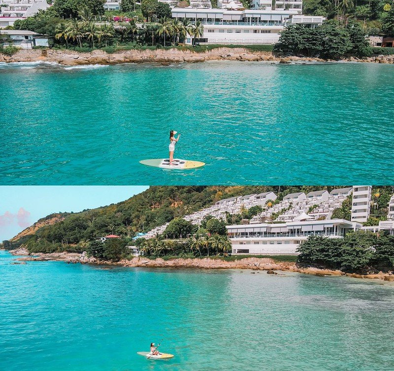 Two stacked images depict an individual paddleboarding in a turquoise sea. Both images showcase the same coastal area with lush greenery, buildings, and rocky shores. In the top image, the person is facing away, while in the bottom, they face the camera. Clear sky enhances this Phuket travel guide-worthy view.