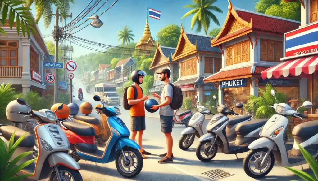 A vibrant street scene in Phuket, Thailand, shows two men wearing helmets, standing next to parked scooters and conversing. Traditional Thai architecture with ornate roofs lines the street, with lush palm trees and a Thai flag visible. Various scooters are parked, many bearing rental signs—a must-see in any Phuket travel guide.