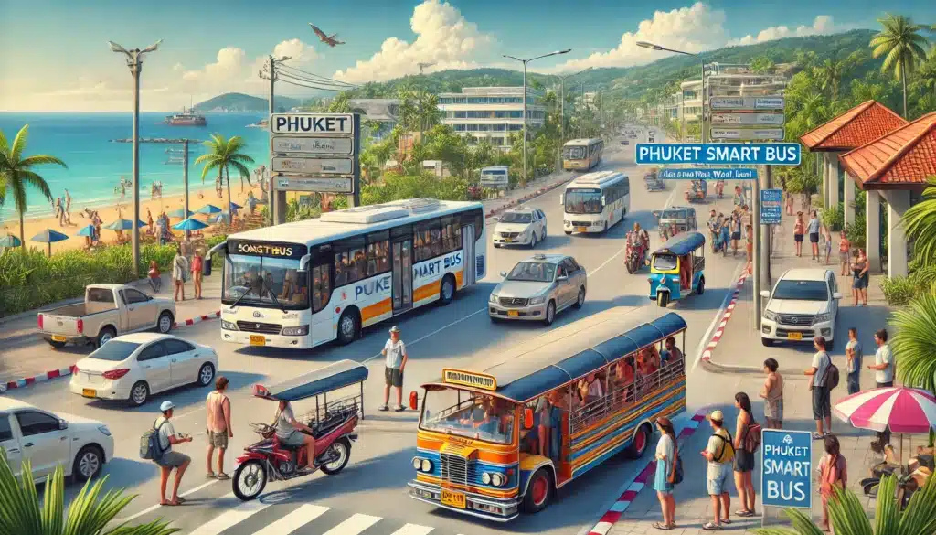 A vibrant Phuket street scene features buses, cars, motorcycles, and tuk-tuks. Tourists and locals walk along the bustling sidewalk and cross at a zebra crossing. Palm trees and a sandy beach with turquoise waters are visible on the left, and hills with lush greenery are in the background—perfect for any Phuket travel guide.