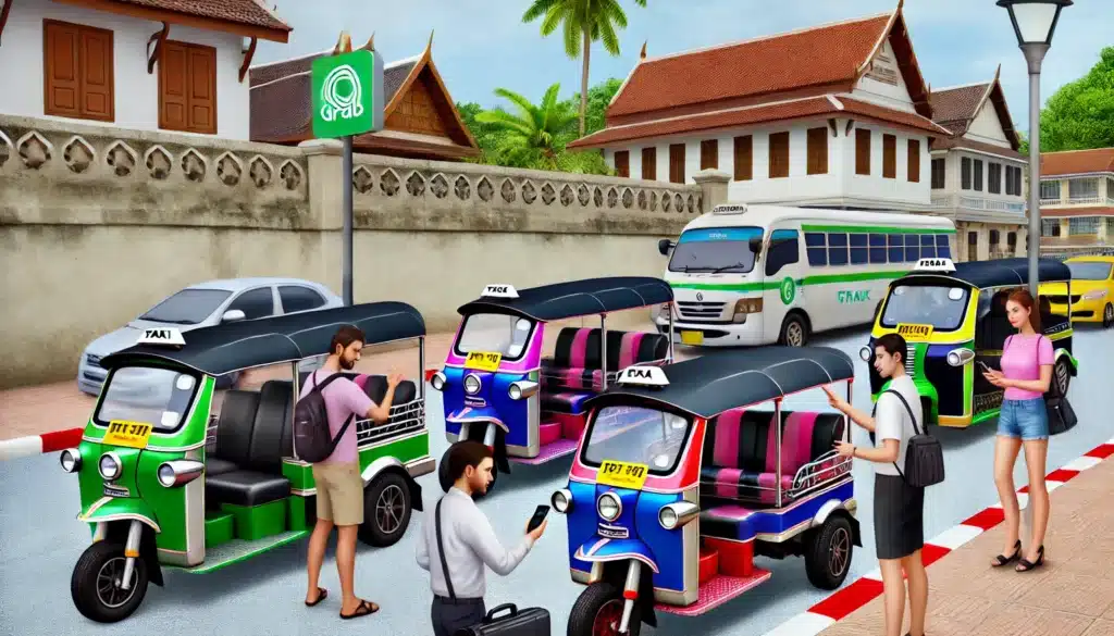 A lively street scene features several colorful tuk-tuks parked in a row, each with a distinct license plate and taxi sign on the roof. Drivers are interacting with passengers, while a white minibus and a parked car are in the background near buildings with traditional architecture—perfect for your Phuket travel guide.