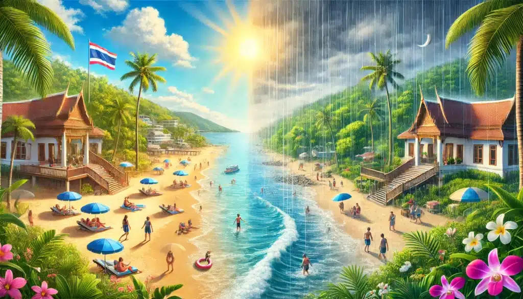 A vibrant beach scene split by sunny, clear weather on the left and rainy, overcast weather on the right. People are sunbathing, swimming, and using umbrellas on the beach. Traditional Thai buildings nestled in lush greenery highlight Phuket attractions. A Thai flag is visible on the left. Palm trees dot the landscape.