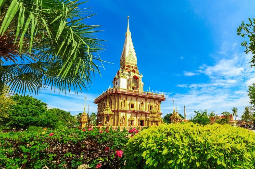 The image shows Wat Chalong Phuket, a prominent Thai Buddhist temple, against a bright blue sky. The temple has intricate golden and red details and a tall spire. Surrounding the temple are lush greenery, including palm leaves, bushes, and flowering plants, enhancing the vibrant setting.