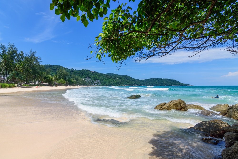 A serene beach scene featuring golden sand, gentle waves, and clear blue skies. In the foreground, leafy green branches provide shade. The midground shows rocks near the shoreline, with the ocean stretching out to meet a lush, hilly landscape—truly a gem straight from any Phuket travel guide.