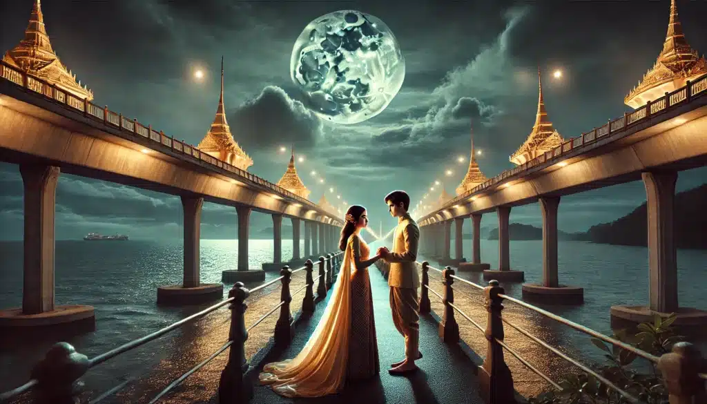 A man and woman stand holding hands on Sarasin Love Bridge under a full moon. The bridge is decorated with ornate golden towers and stretches over a calm, reflective body of water. Illuminated by warm lights, the couple faces each other, wearing elegant traditional attire. The sky is filled with dramatic clouds.