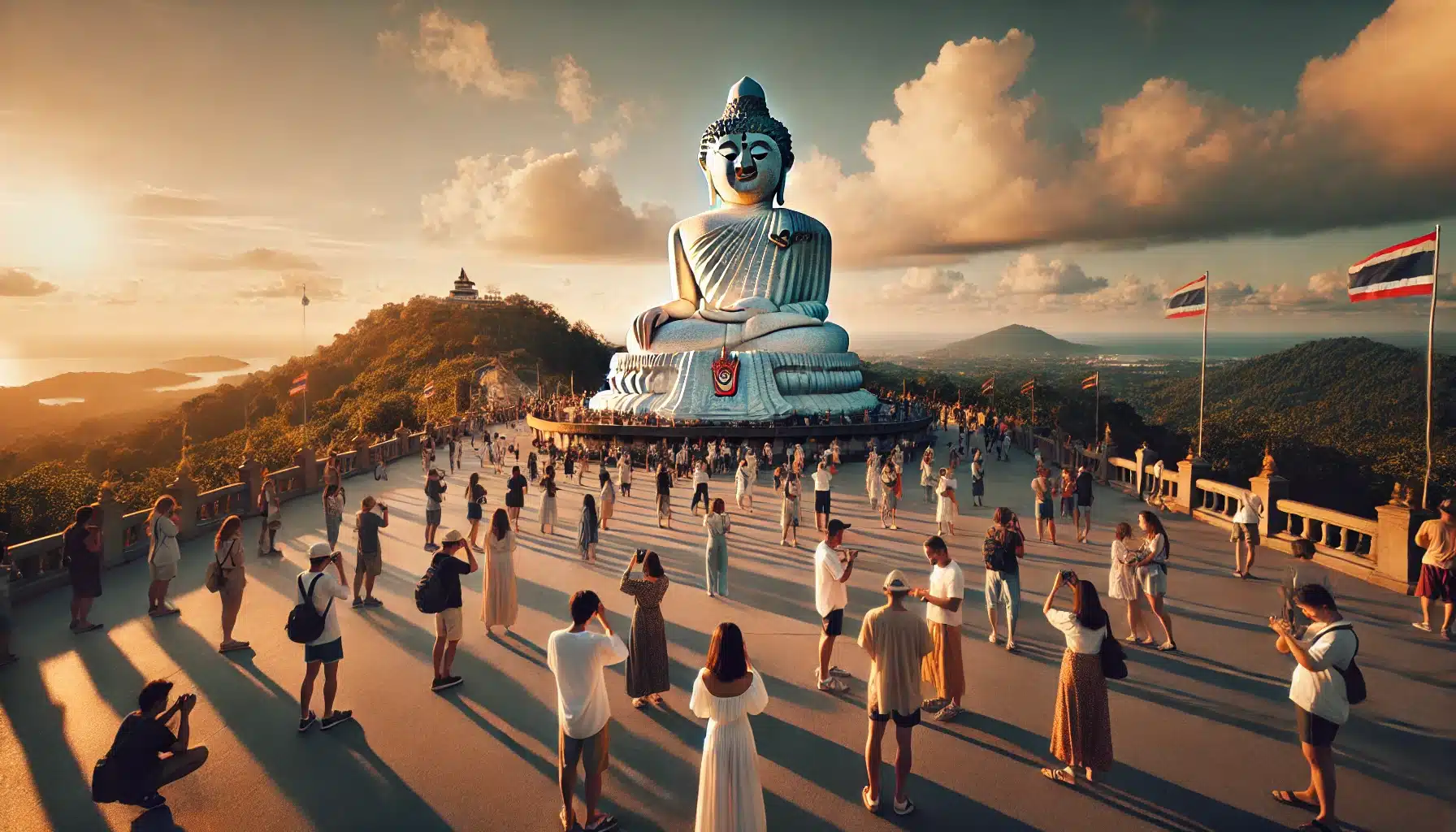 A large white Buddha statue, known as Big Buddha Phuket, sits atop a hill with a partly cloudy sky in the background. Many people, most dressed in light colors, surround the statue. Thai flags and a scenic landscape with mountains and water are visible. Sunlight casts long shadows from the people.